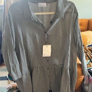 NWT Marina Rinaldi Black and White Linen Gingham Button-Front Dress